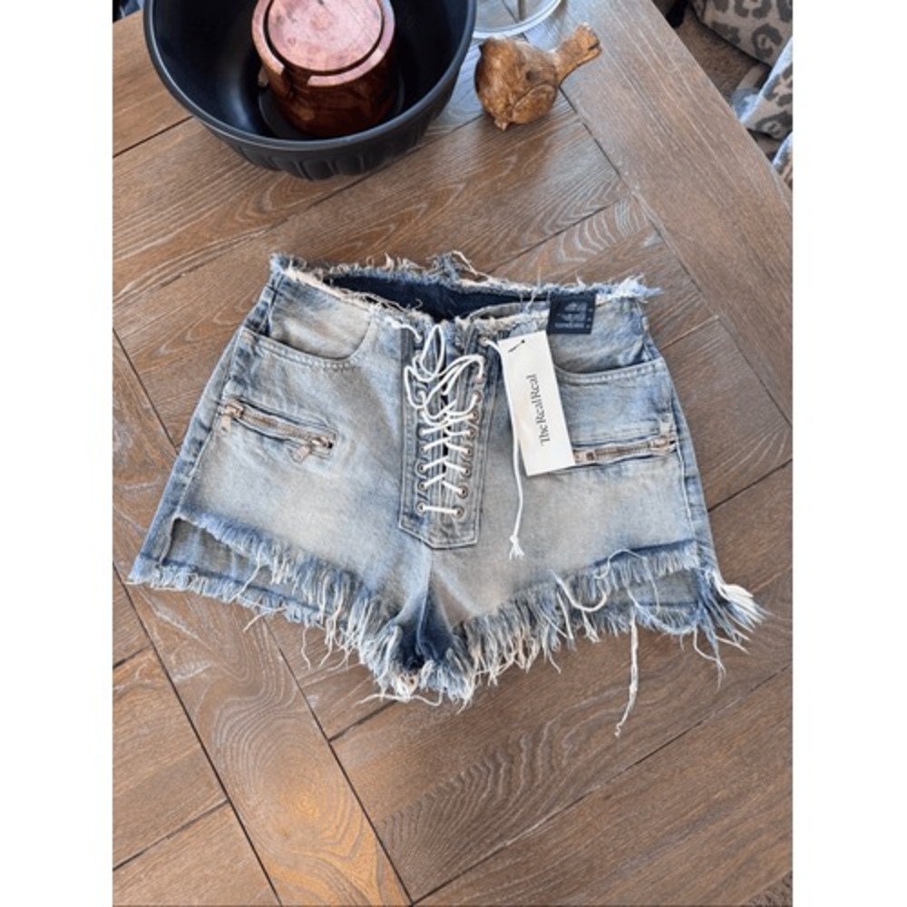 Unravel Project Lace Up Distressed Denim Shorts Womens Light Blue 25